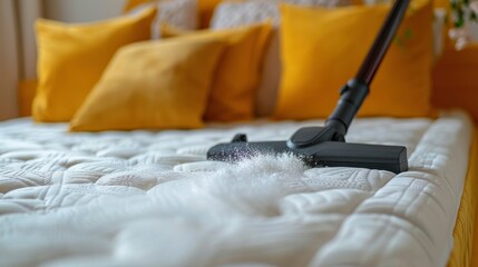 Wall Mural - A Woman Using A Vacuum Cleaner To Clean The Mattress In A Bedroom, High Quality, HD