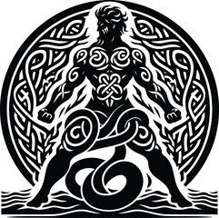 poseidon in silhouete with celtic knot pattern illustration