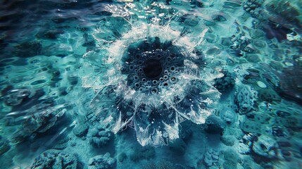 A large hole in the water with a blue background