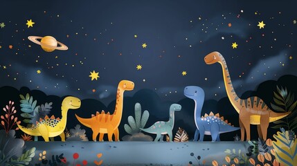 A group of dinosaurs are walking in a forest at night