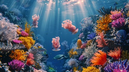 Wall Mural - A colorful coral reef with many different types of fish and sea creatures