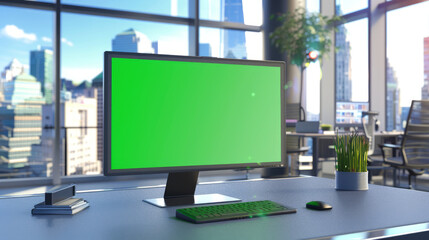 A computer monitor with a green screen is displayed on a desk in an office. There's a glass wall in the background with a bustling city view.