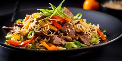 Beef and Vegetable Stir-Fried Noodles Served on a Dark Plate Against a Slate Wall. Concept Food Photography, Stir-Fried Noodles, Beef and Vegetables, Dark Plate Presentation, Slate Wall Background