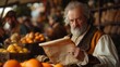 © QuietWord - old time historical era, ancient merchant man serious dealing with goods price, old man holding lists of goods and products at bustling street fresh fruit market