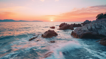 Wall Mural - Cute sunset over the sea in albüsseldorf, Amalfi coast, rustic coastal scenery, summer vacation vibes