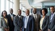 © MD Media - a group of diverse business people smiling and standing in front of the camera, african american man wearing black suit with red