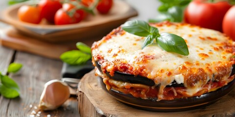 Wall Mural - Golden Brown Baked Eggplant Parmesan Layers with Tomato Sauce and Mozzarella. Concept Baked Eggplant Parmesan, Tomato Sauce, Mozzarella, Comfort Food, Vegetarian Recipe