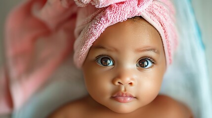 Poster - A close-up of a baby's face wrapped in a towel.