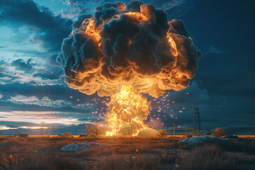 Wall Mural - Generative ai on theme of scary nuclear explosion in outdoor, mushroom cloud of nuclear weapons
