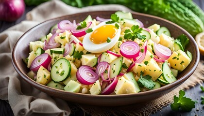 Wall Mural - Potato salad with eggs, cucumbers, cabbage and red pickled onions. Delicious healthy summer salad
