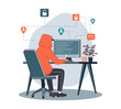 © YummyBuum - Hacker cracking passwords. Guy in hood sitting at monitor, writing program, cyber criminal, data theft, information and money theft, cartoon flat style isolated vector criminality concept