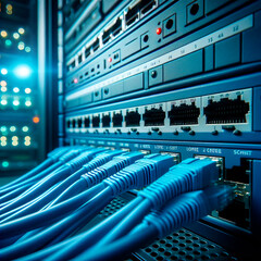Wall Mural - closeup of network switch and blue cable in data center, blurred background