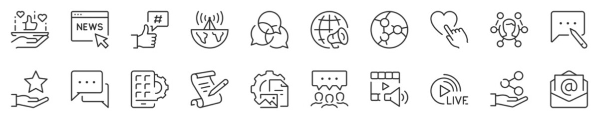 Line icons about social media, thin line icon set. Symbol collection in transparent background. Editable vector stroke. 512x512 Pixel Perfect.