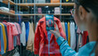 © chartchai - A woman is taking a picture of a red jacket in a store by AI generated image