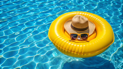 Sun hat and sunglasses resting on bright yellow inflatable raft floating in blue swimming pool