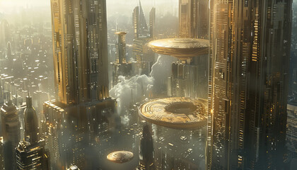 Sticker - a futuristic cityscape with many buildings and a large number of spaceships by ai generated image