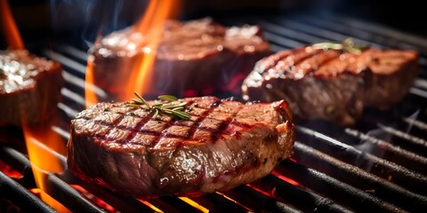 Wall Mural - Grilling Beef Steaks with Flames in the Background. Concept Outdoor Grilling, Beef Steaks, Flames, Cooking , BBQ