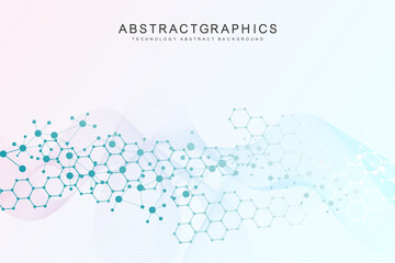 Wall Mural - Modern scientific background with hexagons, lines and dots. Wave flow abstract background. Molecular structure for medical, technology, chemistry, science. Vector illustration
