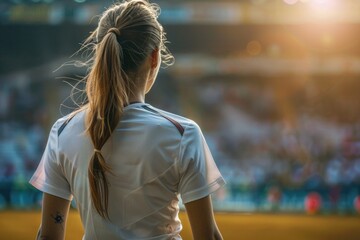 Wall Mural - A woman watches a soccer game wearing a white shirt, suitable for sports or entertainment editorial use