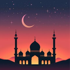 Ornate mosque silhouette with crescent moon and stars on a gradient sky background at sunset. Decorative borders in traditional Islamic art style. Ample copy space for event details.