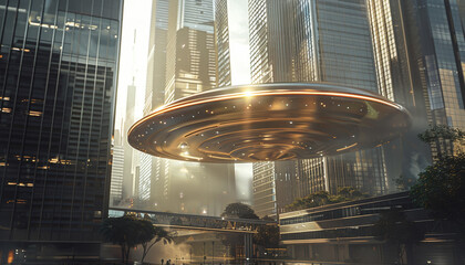 Sticker - a futuristic cityscape with many buildings and a large number of spaceships by ai generated image