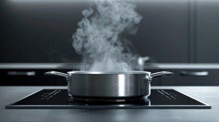 Wall Mural - A pot is boiling on a stove with steam rising from the surface