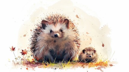 Two hedgehogs sit together on a green grassy field, surrounded by nature