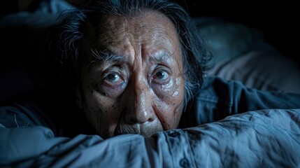 Wall Mural - A Depressed Senior Asian Man Lying In Bed, Unable To Sleep Due To Insomnia, High Quality, HD