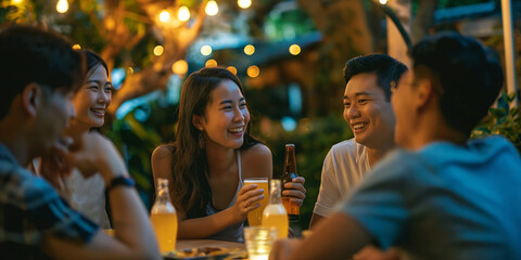 Wall Mural - Relaxed chinese friends enjoying drinking beer and music at a patio cafe.