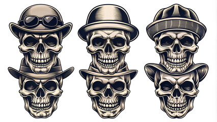 Set of different skull characters with different hats and accessories. Monochrome style. Isolated on white background.