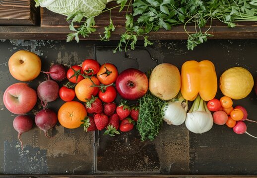 A neatly arranged collection of fresh fruits, vegetables, and herbs on a rustic kitchen counter, highlighting the importance of nutrition in wellness