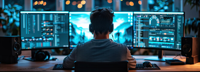 Late night coding session. A programmer works late into the night, immersed in their coding project. Three monitors display lines of code and colorful graphics
