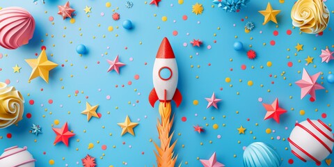 Colorful toy rockets and stars on a blue background, evoking a playful space adventure theme.