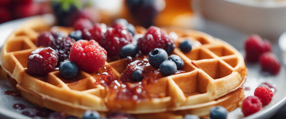 Wall Mural - honey waffle made with delicious seasonal fruits, on the restaurant table