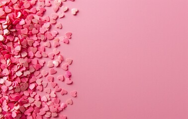 Wall Mural - Pink background with tiny pink confetti hearts on the left side, minimalistic, copy space for text in right corner