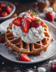 Wall Mural - A dynamic composition of a Belgian waffle with whipped cream, strawberries and a dusting of powdered chocolate.