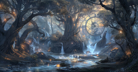 Wall Mural - a dark forest with a large clock tower in the middle by ai generated image