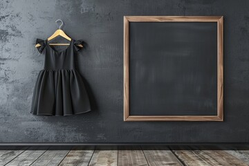 Wall Mural - A dress hangs on a wall next to a blackboard, perfect for use in fashion or education settings