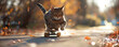 © Sanych - A playful cat riding a skateboard, its paws expertly maneuvering the board down a sunny street.