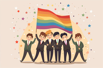 Wall Mural - Asian gay couple, LGBTQ, dressed in formal attire, holding and waving a rainbow flag, hugging happily