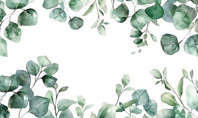 Wall Mural - Herbal Eucalyptus Border: Isolated Background, Minimalist Watercolor Wedding Invitation Frame