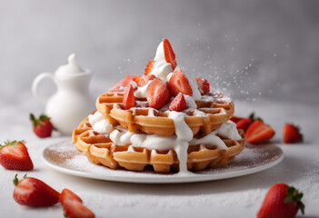 Wall Mural - A dynamic composition of a Belgian waffle with whipped cream, strawberries and a dusting of powdered chocolate.