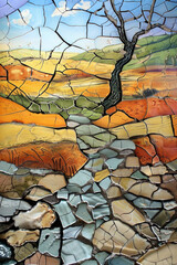 Wall Mural - A mosaic of broken pottery pieces forming a cohesive landscape scene