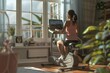 © Ева Поликарпова - A woman sits comfortably on a stationary bike in a cozy living room, exercising indoors