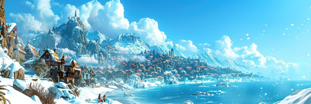 A picturesque snowy village nestled between snow-capped mountains and a sparkling ocean, with a clear blue sky above