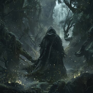 A warlock in a dark forest, summoning shadowy creatures, Realistic, Cool dark tones, Digital art, Eerie and powerful.