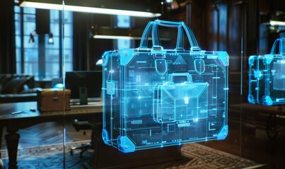 Wall Mural - Glowing hologram briefcases floating in a virtual office
