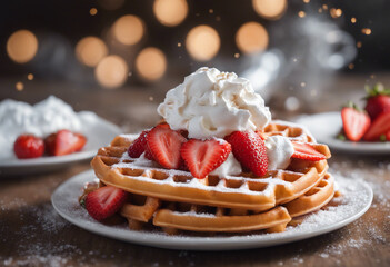 Wall Mural - A dynamic composition of a Belgian waffle with whipped cream, strawberries and a dusting of powdered chocolate.