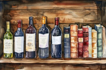A still life image of wine bottles and books on a shelf, suitable for use in editorial or commercial contexts