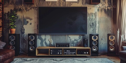 Wall Mural - A comfortable living space with a television, speakers, and a rug